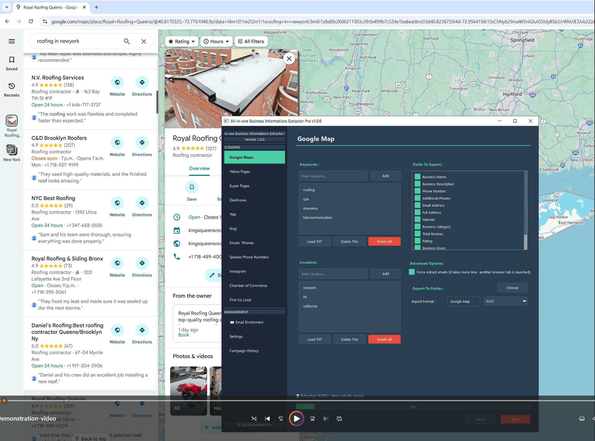 LeadsGen Pro Business Data Extraction Software Interface - Extract contacts from Google Maps, Yelp, Yellow Pages